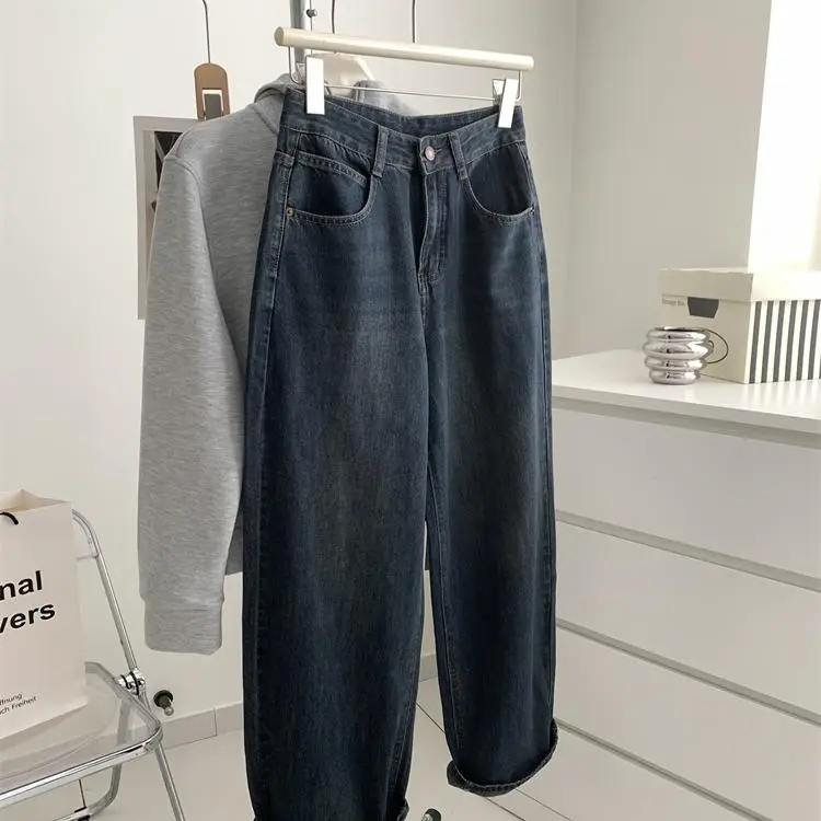 Women Dark Blue Old High Waist Jeans 2024 Spring