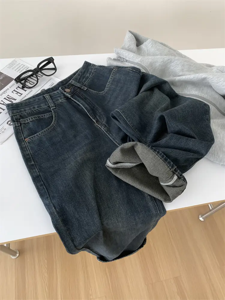 Women Dark Blue Old High Waist Jeans 2024 Spring — feature 14