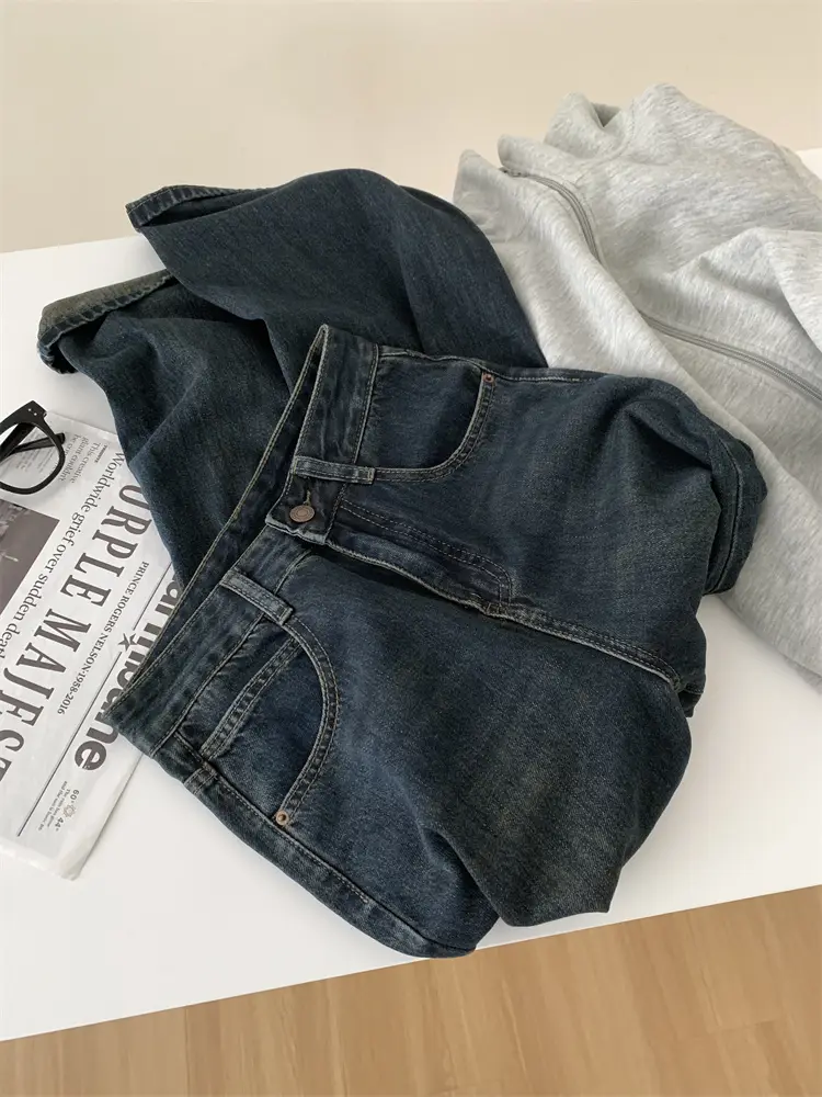 Women Dark Blue Old High Waist Jeans 2024 Spring — feature 4