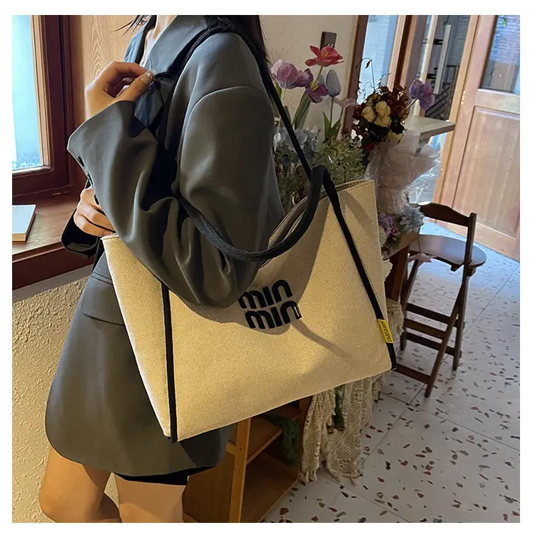 Minmin Canvas Tote Bag Large Capacity Grey — feature 21