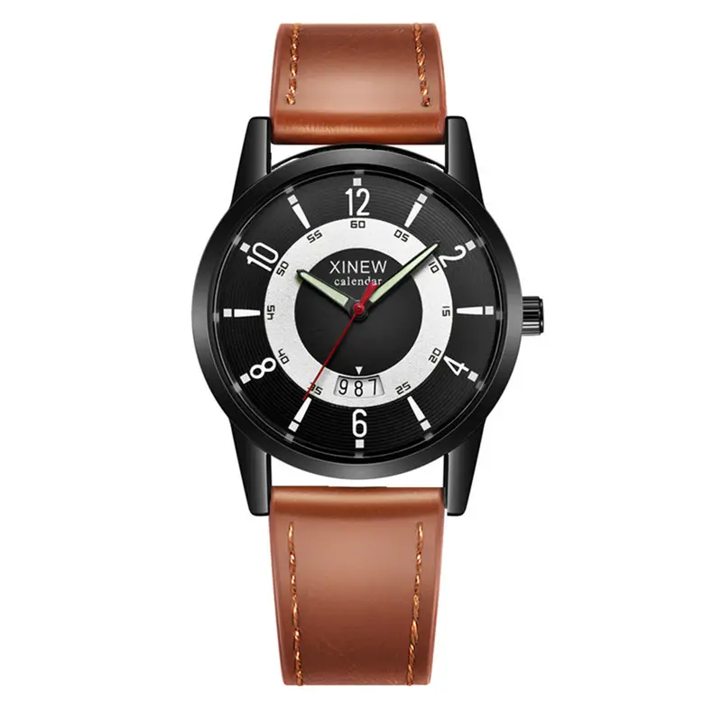 Men's Brown Leather Quartz Watch with Compass Design - Image 10