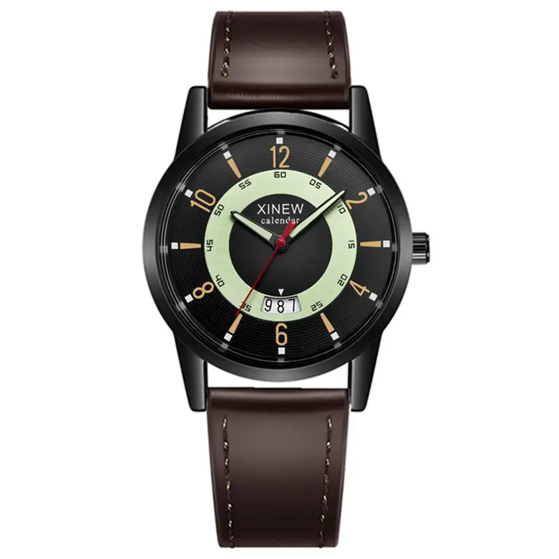 Men's Brown Leather Quartz Watch with Compass Design - Image 5