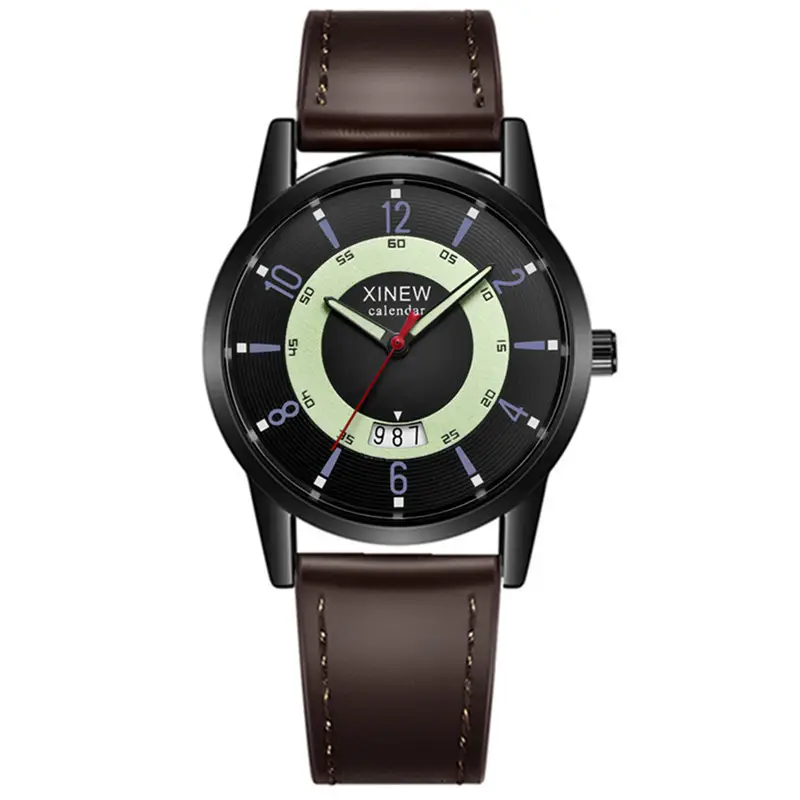 Men's Brown Leather Quartz Watch with Compass Design - Image 7