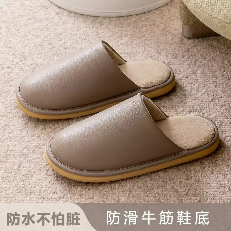 Winter Korean-style Couple Cotton Slippers Home Indoor Floor Non-slip Soft Bottom Warm Comfortable Solid Color Leather Slippers