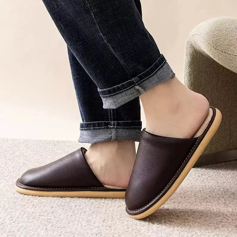 Winter Korean-style Couple Cotton Slippers Home Indoor Floor Non-slip Soft Bottom Warm Comfortable Solid Color Leather Slippers