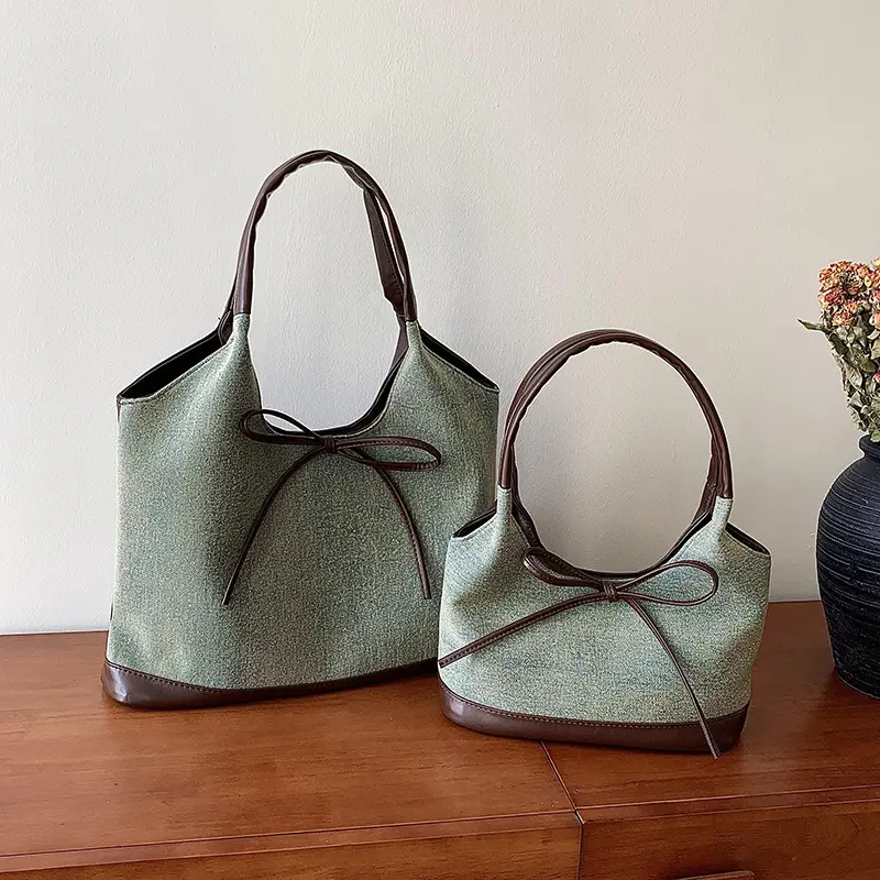 Gray Denim Bow Shoulder Tote Bag 2024 - Image 6