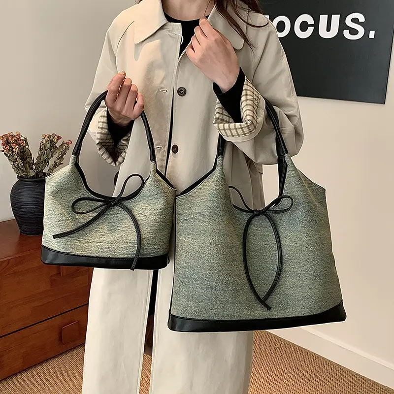 Gray Denim Bow Shoulder Tote Bag 2024 - Image 8