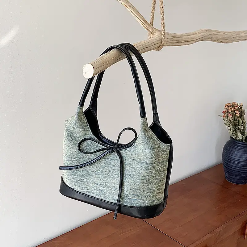 Gray Denim Bow Shoulder Tote Bag 2024 - Image 2
