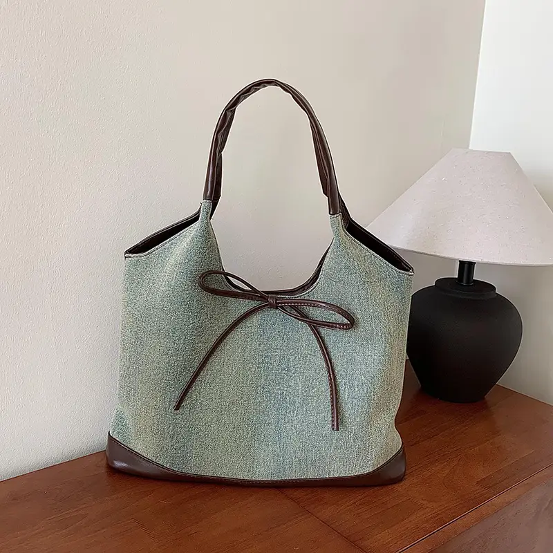 Gray Denim Bow Shoulder Tote Bag 2024 - Image 4