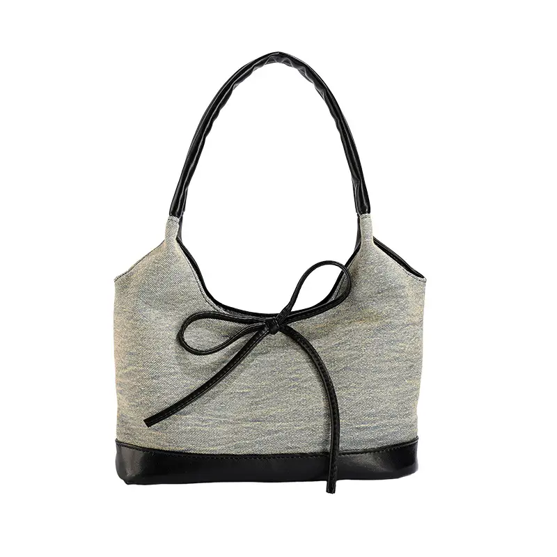 Gray Denim Bow Shoulder Tote Bag 2024 - Image 5