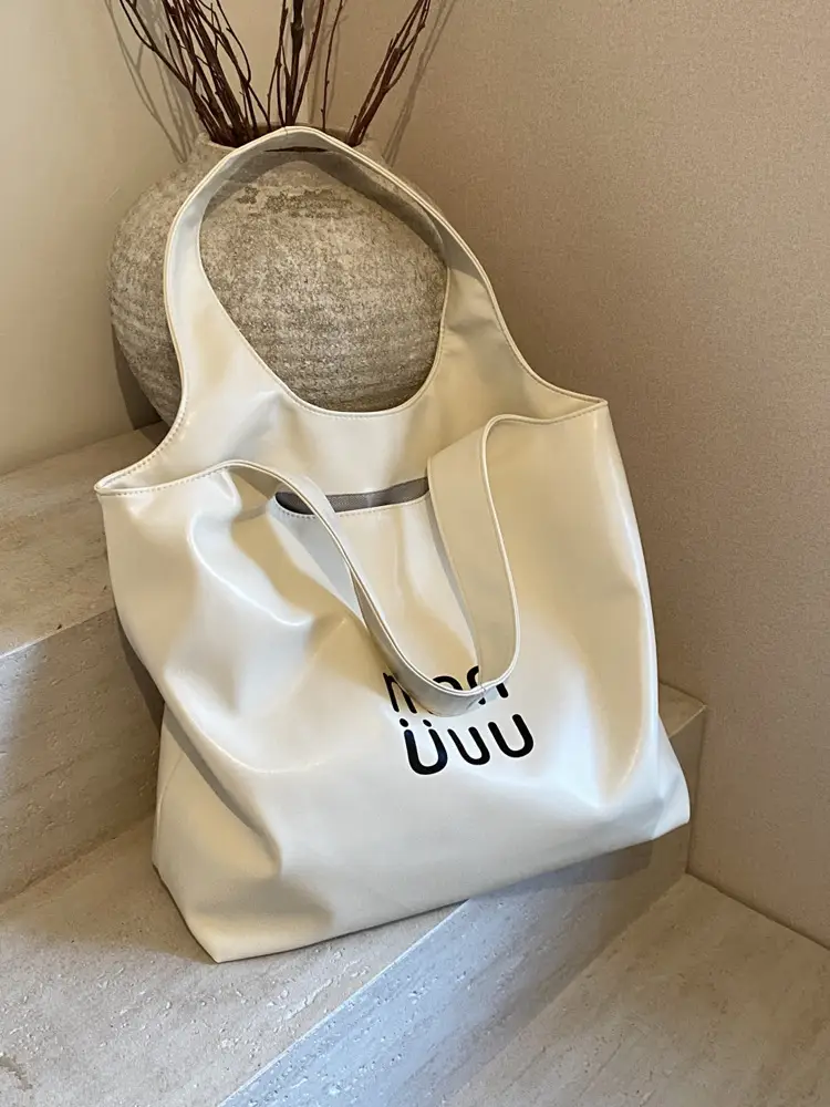 Ins Style White Leather Tote Bag with Letter Print - Image 8