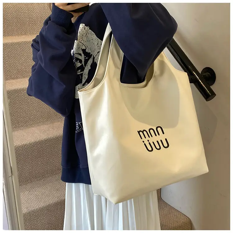 Ins Style White Leather Tote Bag with Letter Print — feature 14