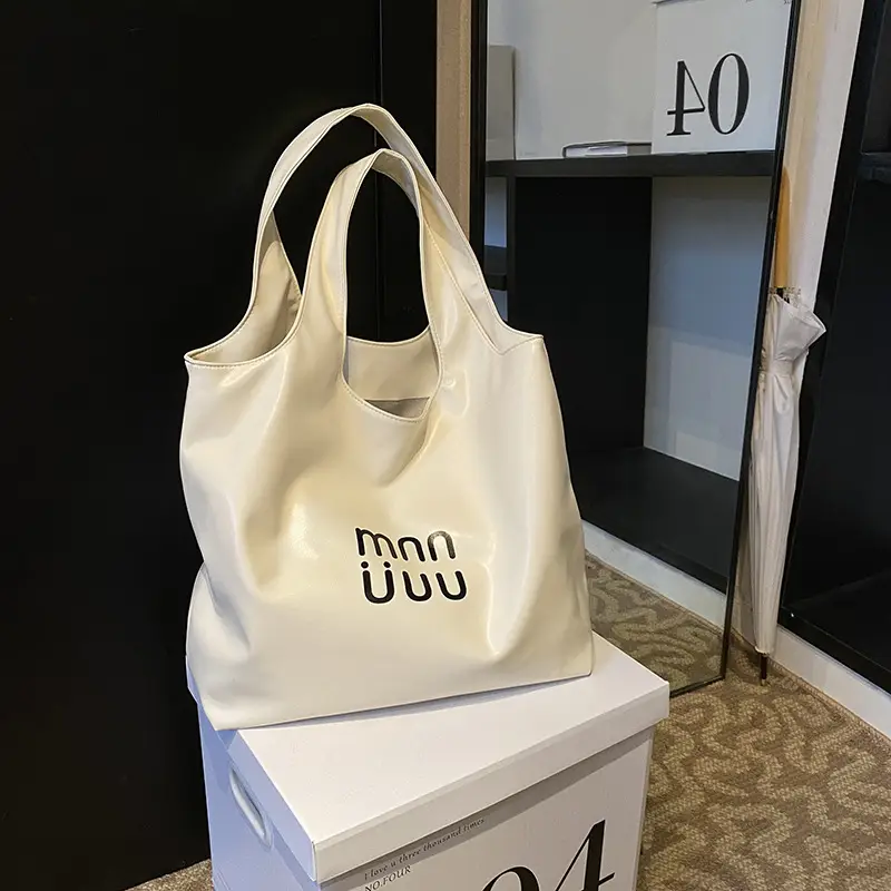 Ins Style White Leather Tote Bag with Letter Print - Image 2