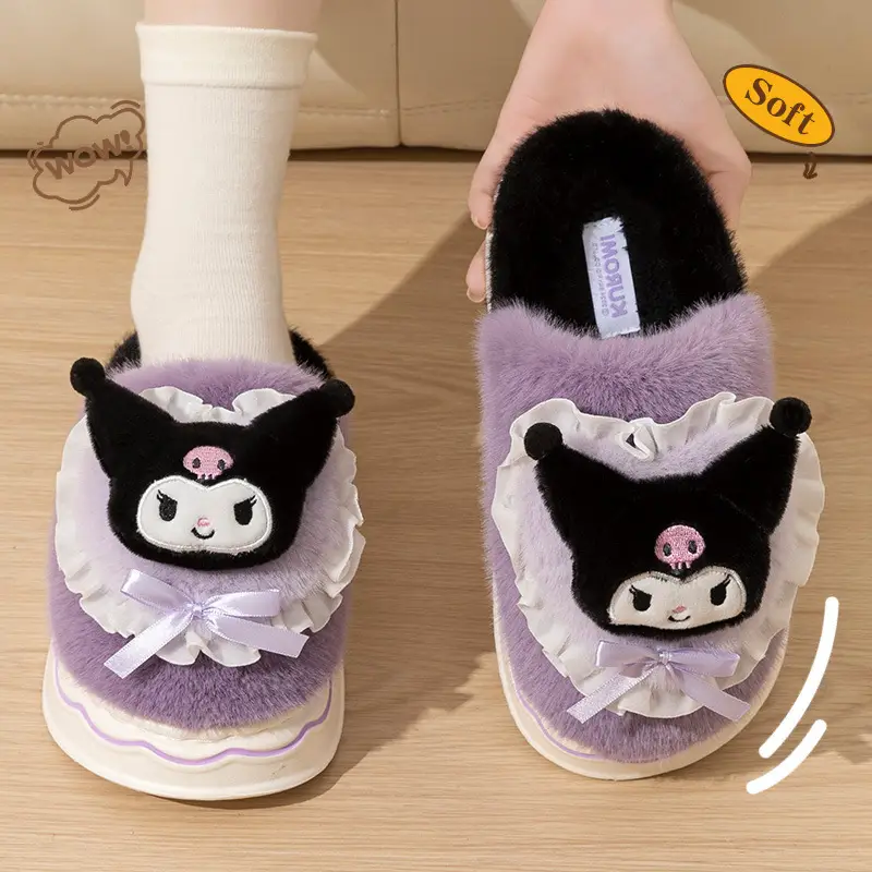 Cartoon Cotton Shoes Kuromi Sanrio Genuine Cotton Slippers Winter Women's Indoor Plush Furry Shoes Home Use Plush - Image 5