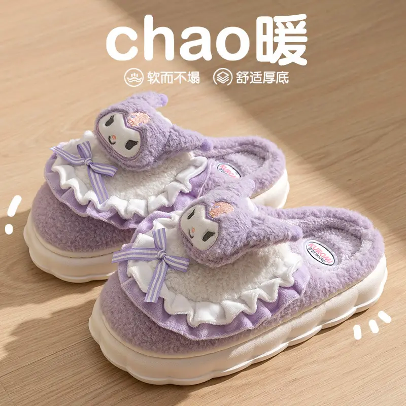 Cartoon Cotton Shoes Kuromi Sanrio Genuine Cotton Slippers Winter Women's Indoor Plush Furry Shoes Home Use Plush - Image 6