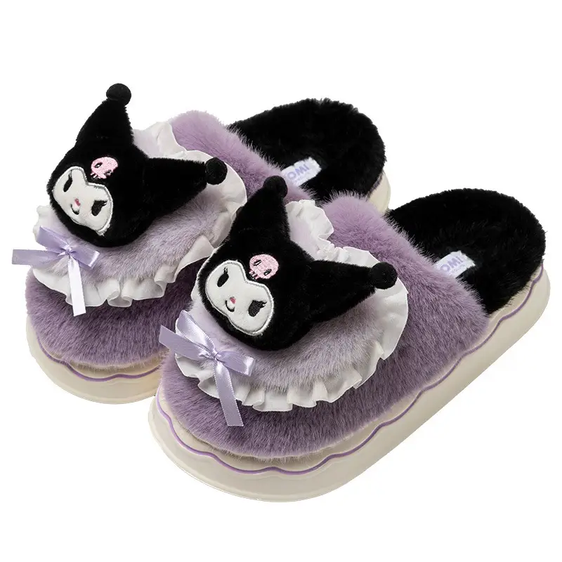Cartoon Cotton Shoes Kuromi Sanrio Genuine Cotton Slippers Winter Women's Indoor Plush Furry Shoes Home Use Plush - Image 8