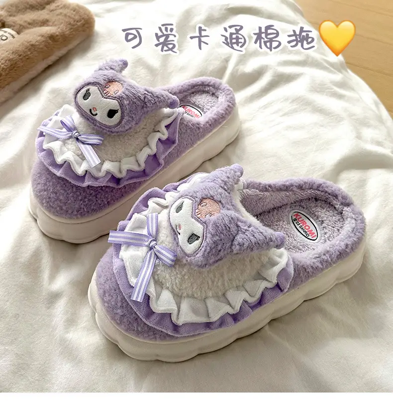 Cartoon Cotton Shoes Kuromi Sanrio Genuine Cotton Slippers Winter Women's Indoor Plush Furry Shoes Home Use Plush — feature 1