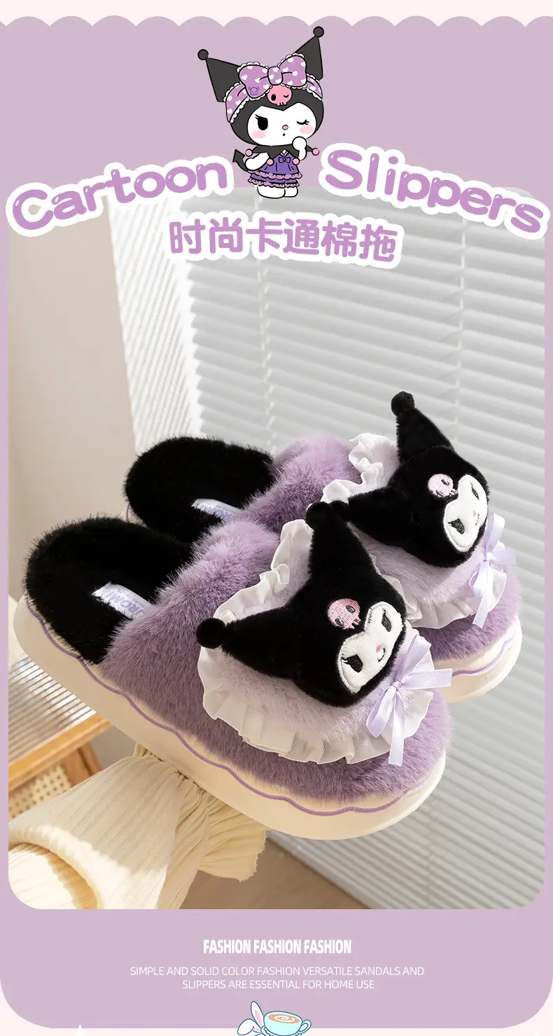 Cartoon Cotton Shoes Kuromi Sanrio Genuine Cotton Slippers Winter Women's Indoor Plush Furry Shoes Home Use Plush — feature 13