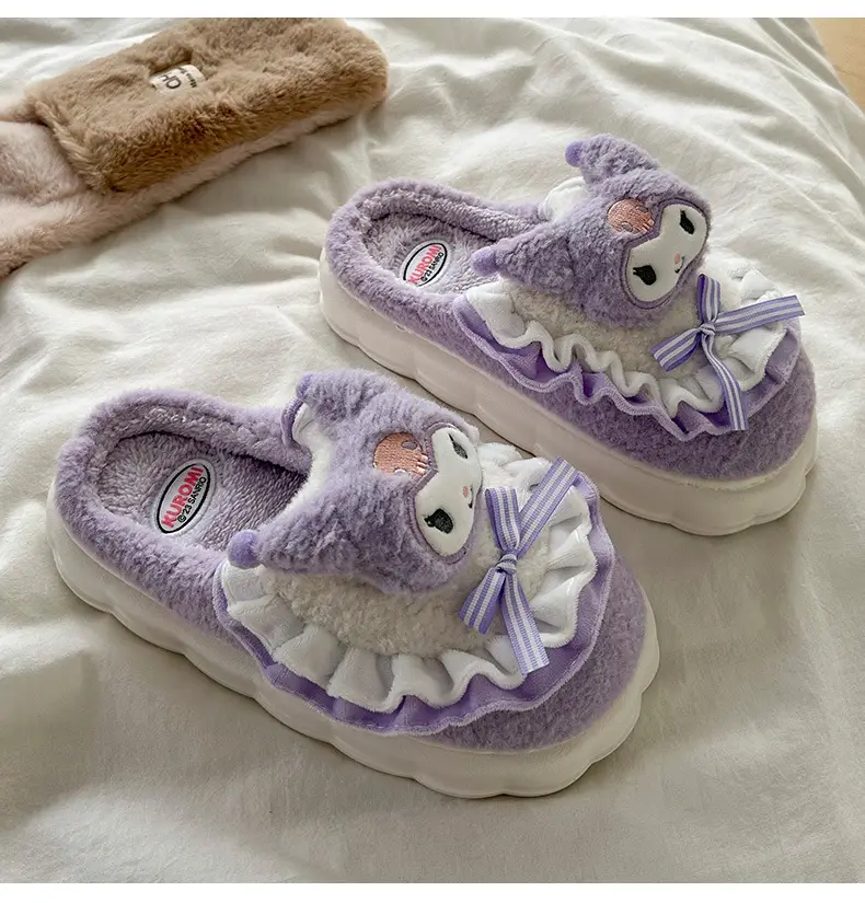 Cartoon Cotton Shoes Kuromi Sanrio Genuine Cotton Slippers Winter Women's Indoor Plush Furry Shoes Home Use Plush — feature 5