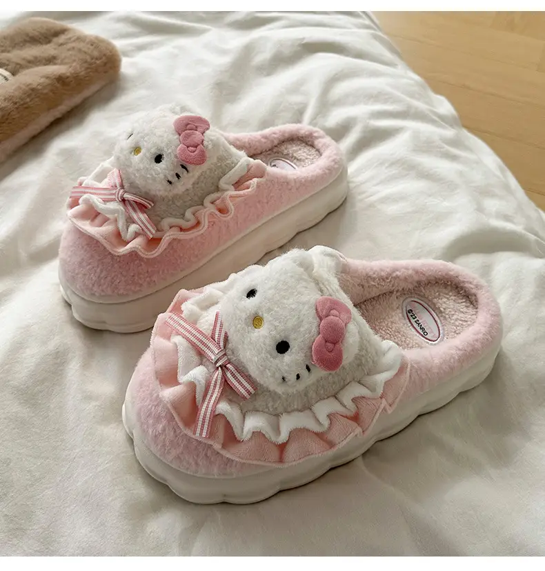 Cartoon Cotton Shoes Kuromi Sanrio Genuine Cotton Slippers Winter Women's Indoor Plush Furry Shoes Home Use Plush — feature 7
