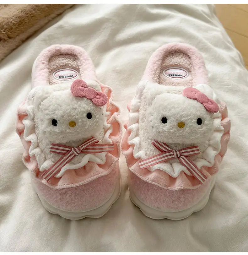 Cartoon Cotton Shoes Kuromi Sanrio Genuine Cotton Slippers Winter Women's Indoor Plush Furry Shoes Home Use Plush — feature 8