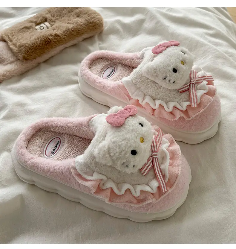 Cartoon Cotton Shoes Kuromi Sanrio Genuine Cotton Slippers Winter Women's Indoor Plush Furry Shoes Home Use Plush — feature 9
