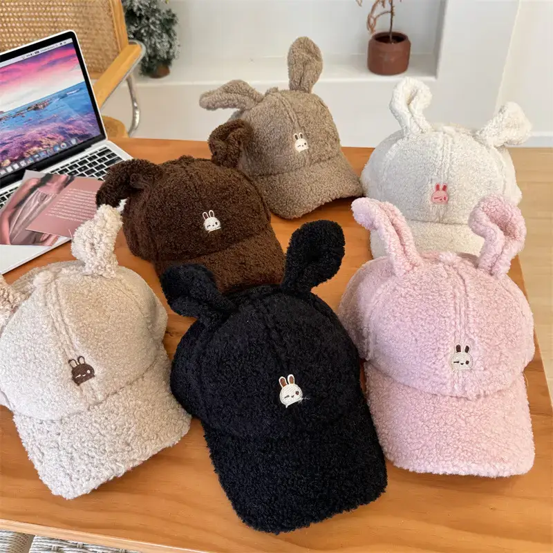 Cute Rabbit Ears Warm Cashmere Cap Brown Pink