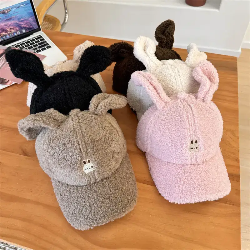 Cute Rabbit Ears Warm Cashmere Cap Brown Pink