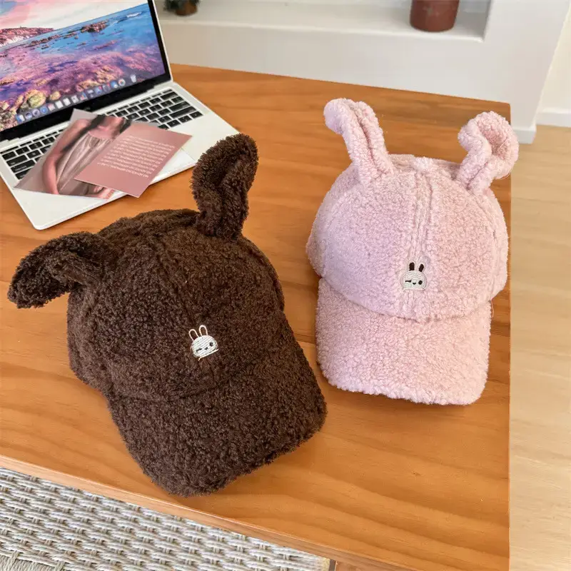 Cute Rabbit Ears Warm Cashmere Cap Brown Pink