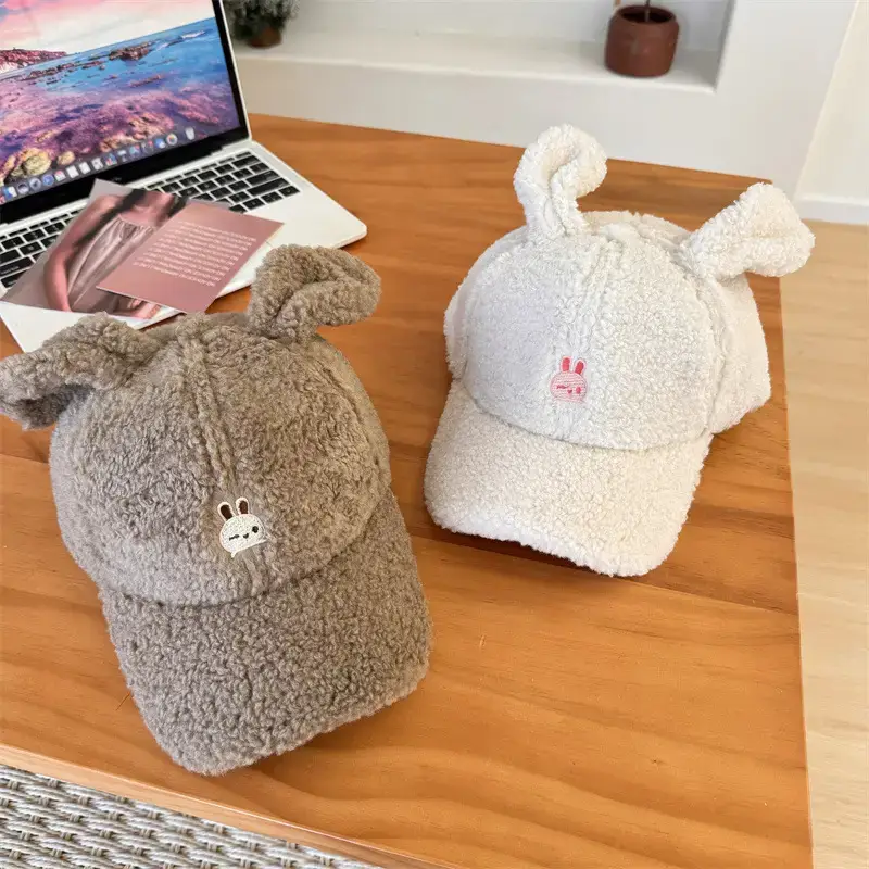 Cute Rabbit Ears Warm Cashmere Cap Brown Pink
