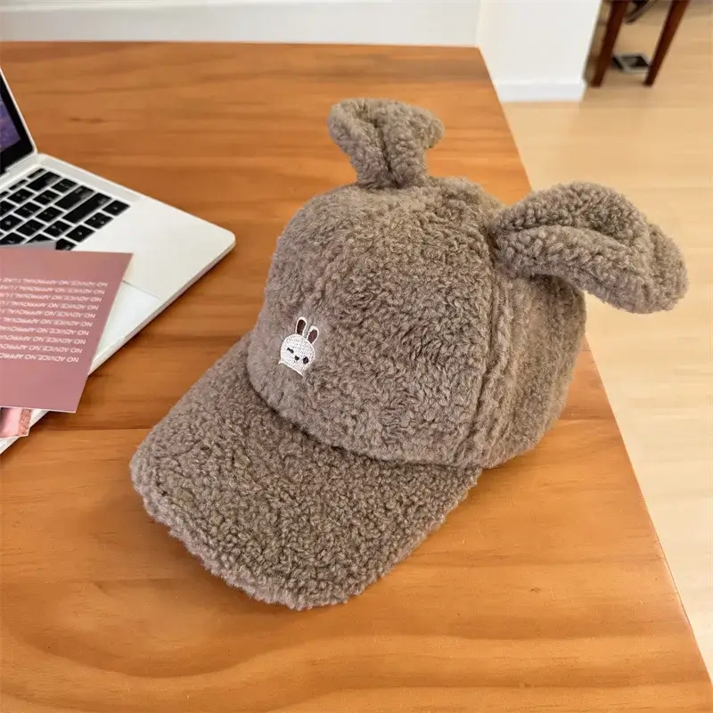 Cute Rabbit Ears Warm Cashmere Cap Brown Pink