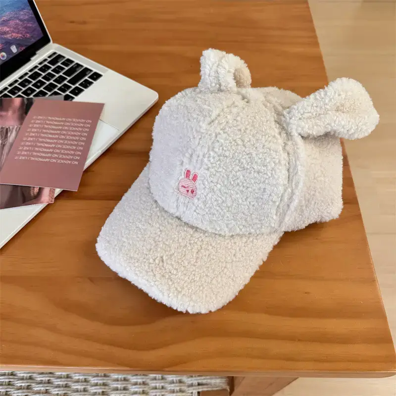 Cute Rabbit Ears Warm Cashmere Cap Brown Pink