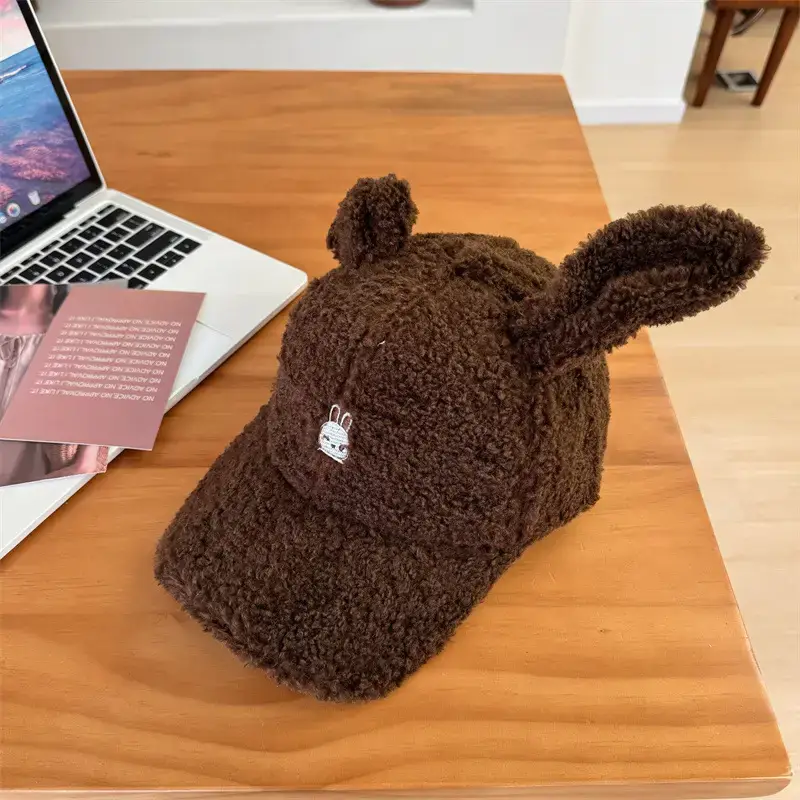 Cute Rabbit Ears Warm Cashmere Cap Brown Pink