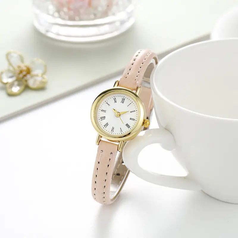 Women's Pink Leather Strap Quartz Watch with Gold Dial - Image 5