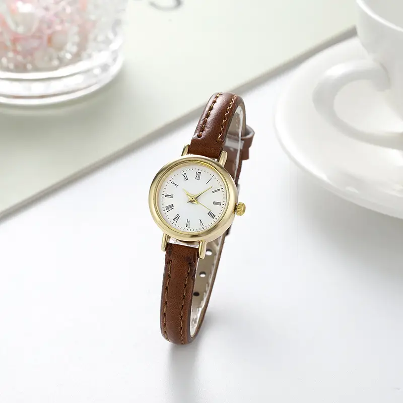 Women's Pink Leather Strap Quartz Watch with Gold Dial - Image 6
