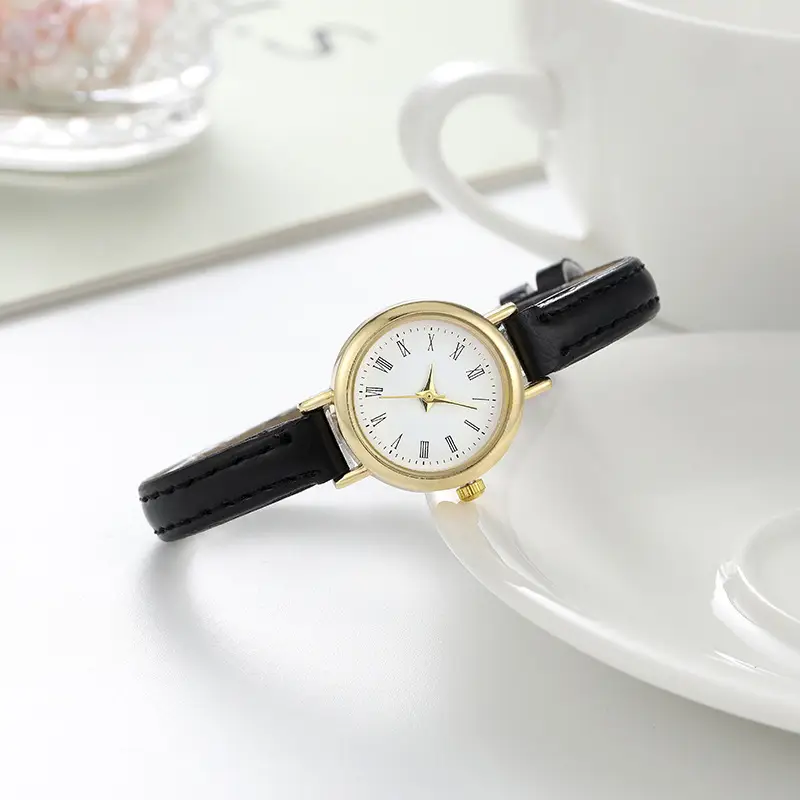 Women's Pink Leather Strap Quartz Watch with Gold Dial - Image 7