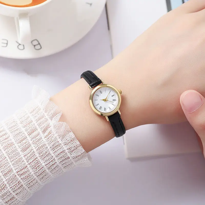 Women's Pink Leather Strap Quartz Watch with Gold Dial - Image 8