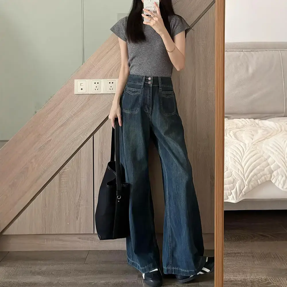 American Retro Dark Blue Wide Leg Jeans 2025