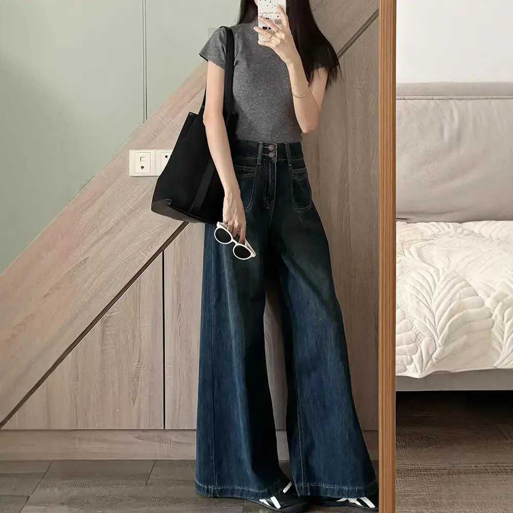 American Retro Dark Blue Wide Leg Jeans 2025