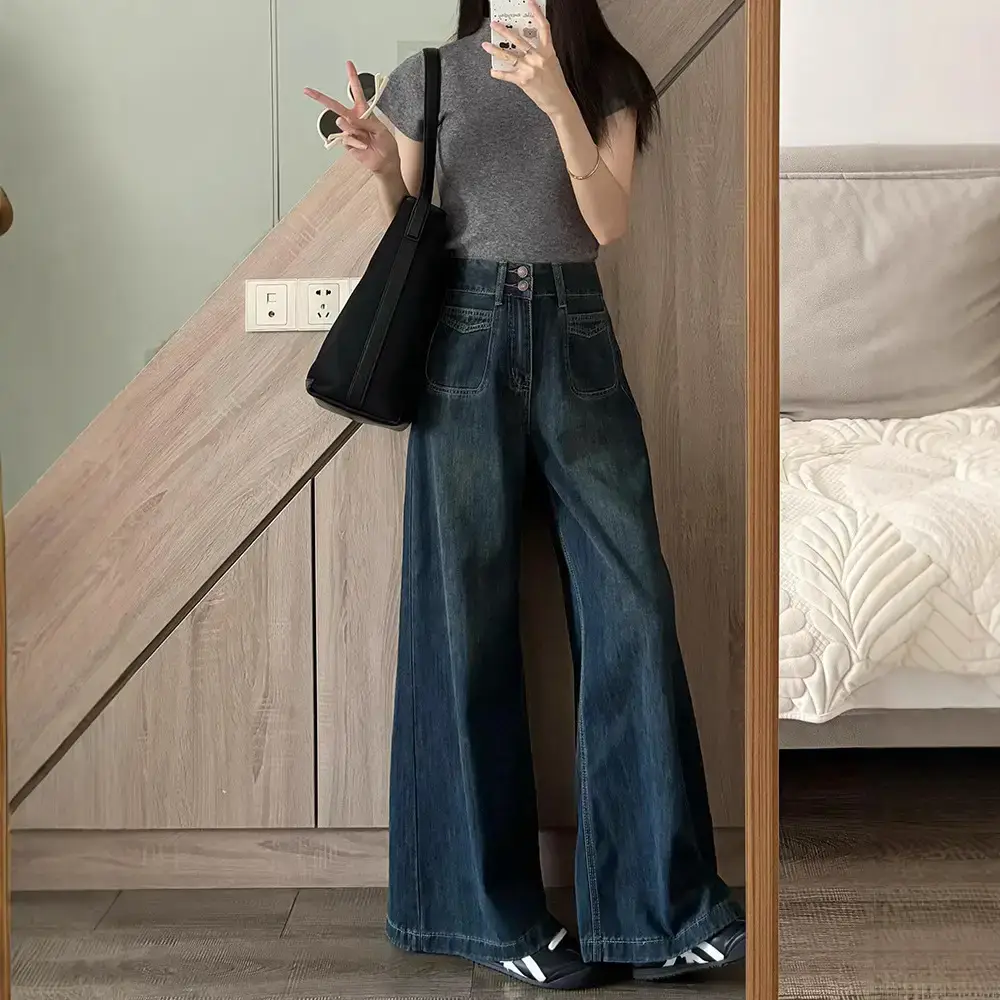 American Retro Dark Blue Wide Leg Jeans 2025