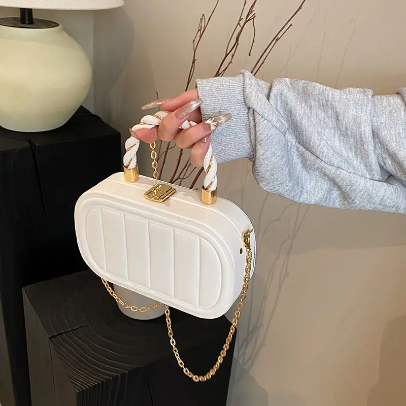 Women's Beige Chain Shoulder Bag with Braided Handle - Image 10