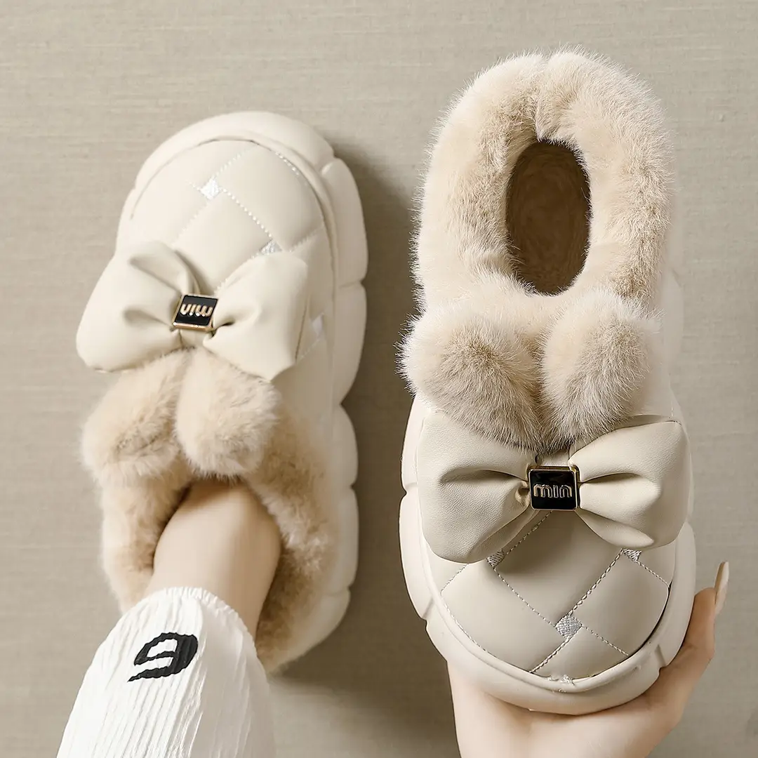 Bow cotton shoes snow boots Korean version bag with women's indoor and outdoor fleece-lined thick bottom non-slip warm slippers for lovers winter - Image 5