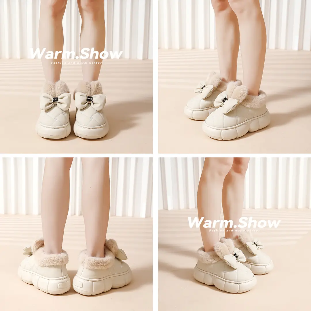 Bow cotton shoes snow boots Korean version bag with women's indoor and outdoor fleece-lined thick bottom non-slip warm slippers for lovers winter - Image 6