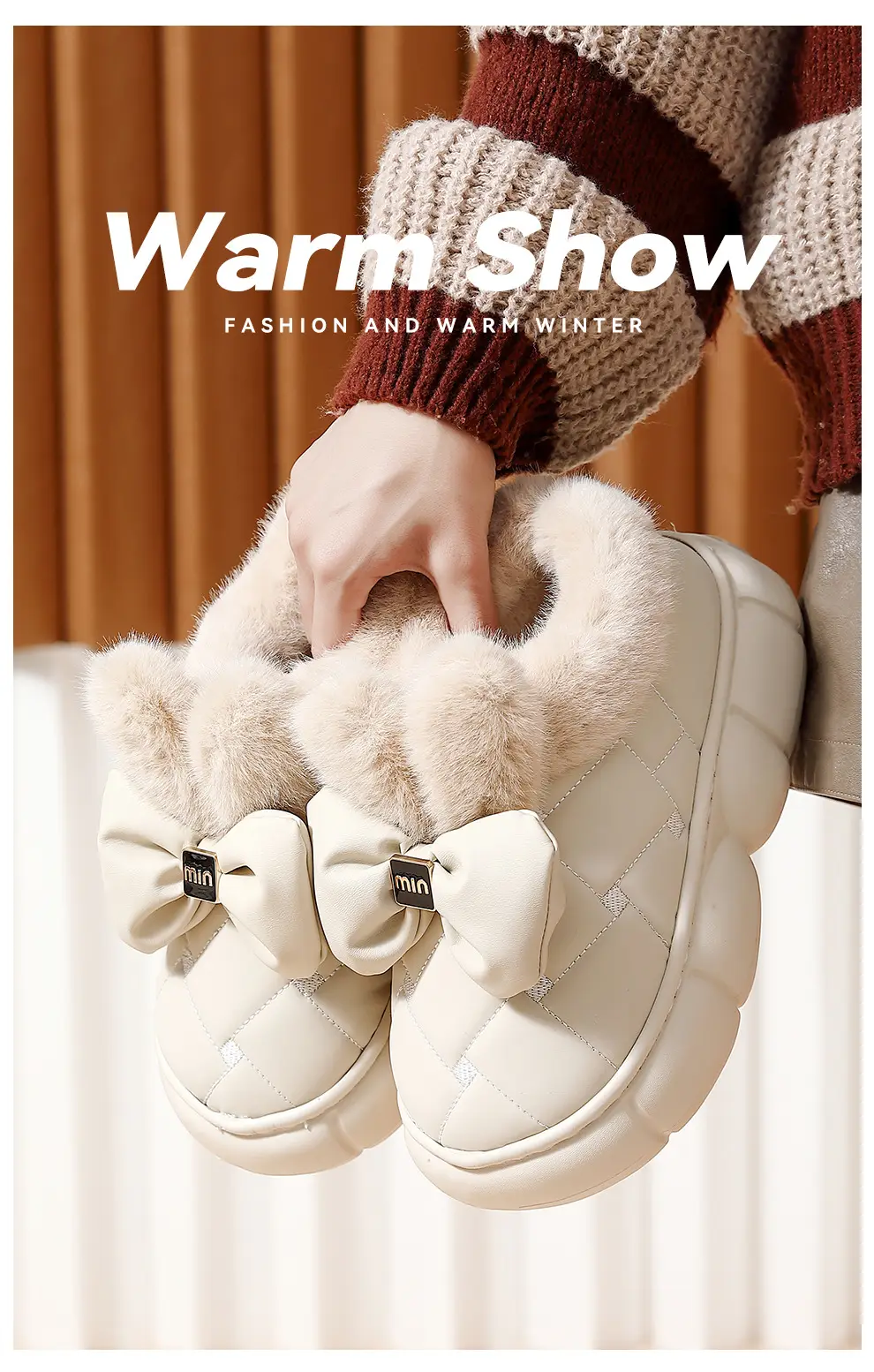 Bow cotton shoes snow boots Korean version bag with women's indoor and outdoor fleece-lined thick bottom non-slip warm slippers for lovers winter — feature 6