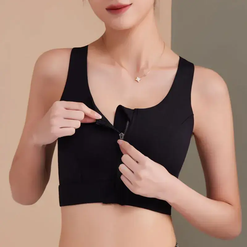 Black Front Zipper Sports Bra with Shockproof High Strength Support - Image 8