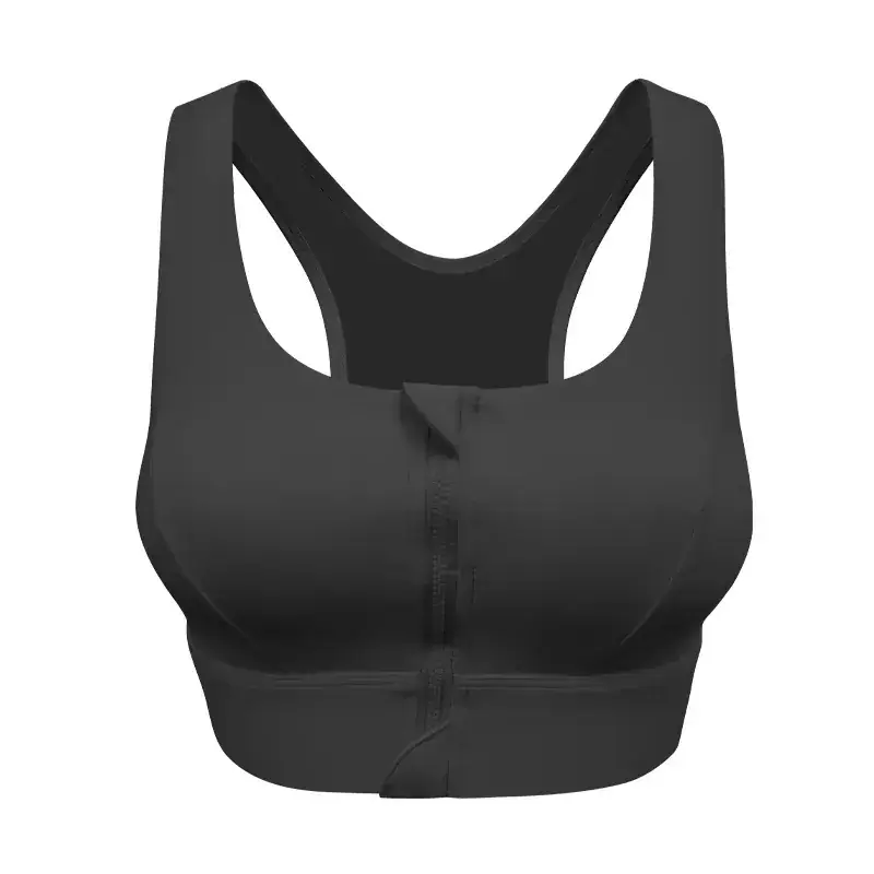 Black Front Zipper Sports Bra with Shockproof High Strength Support - Image 10