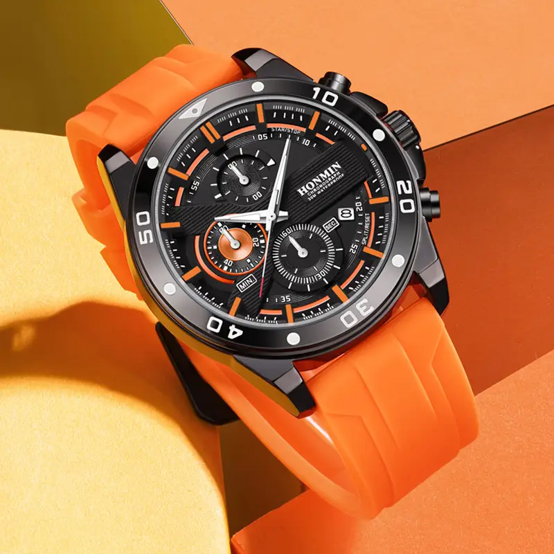Men's Sports Chronograph Watch Orange Silicone Band - Image 8