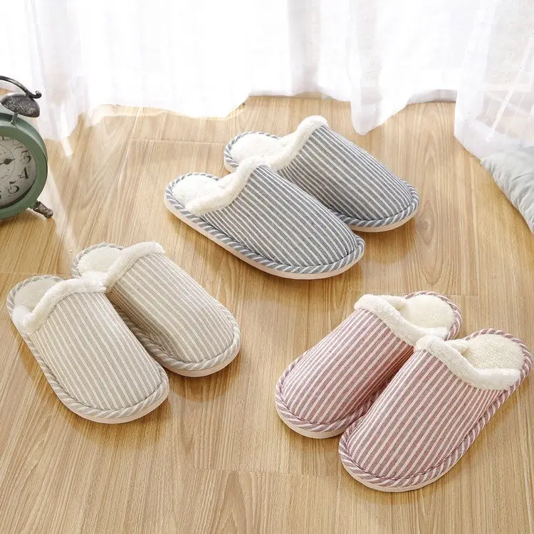 Autumn and Winter Home Cotton Slippers Indoor Men and Women Couple Stripesd Plush Warm Thick Bottom Floor Guest Slippers