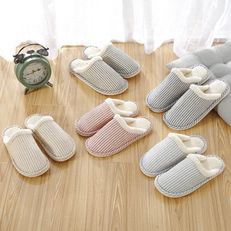 Autumn and Winter Home Cotton Slippers Indoor Men and Women Couple Stripesd Plush Warm Thick Bottom Floor Guest Slippers