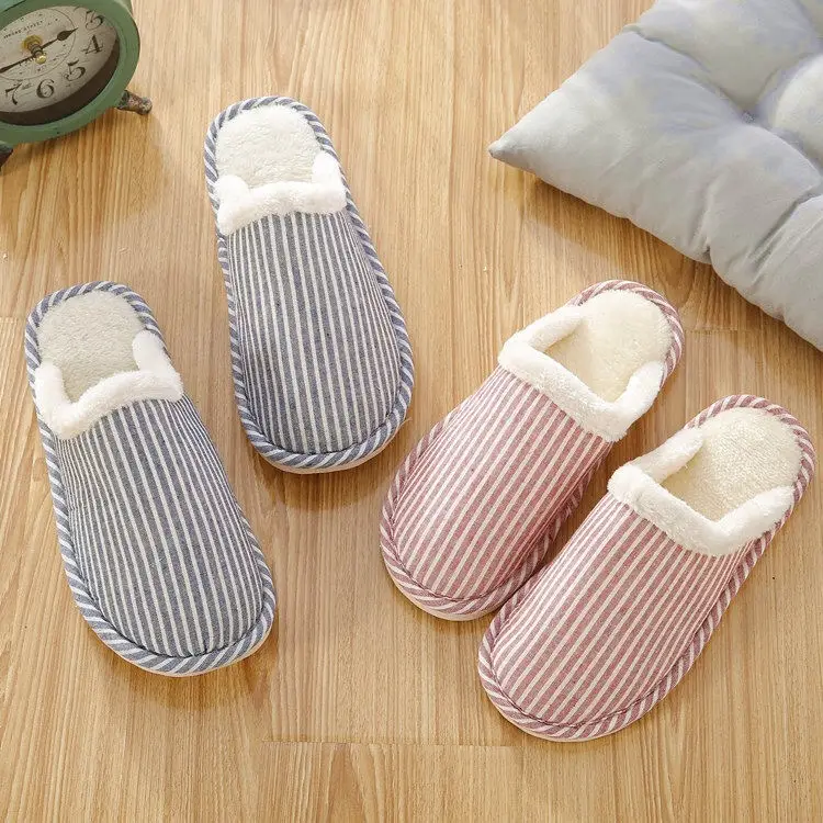 Autumn and Winter Home Cotton Slippers Indoor Men and Women Couple Stripesd Plush Warm Thick Bottom Floor Guest Slippers